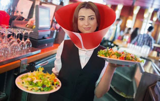 Waitress in a dog cone
